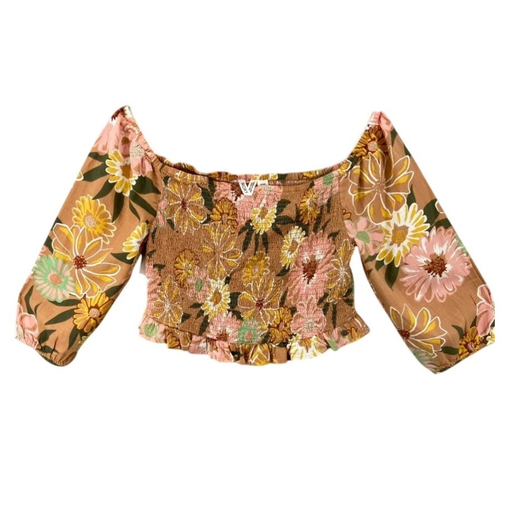 Roxy‎ Shirt Womens Sz XL Floral Smocked Crop Top Long Sleeve Boho Peasant Blouse